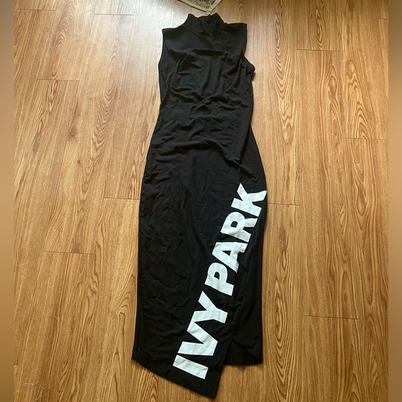 Ivy Park Black Fitted Logo Mock Neck Funnel Midi Dress Small - Picture 2 of 9
